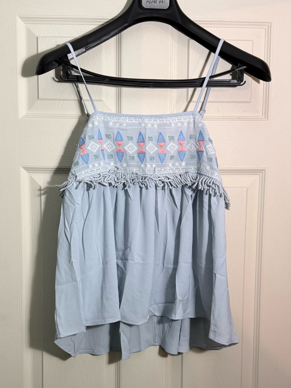 Light Blue Embroidered Fringe Spaghetti Strap Top